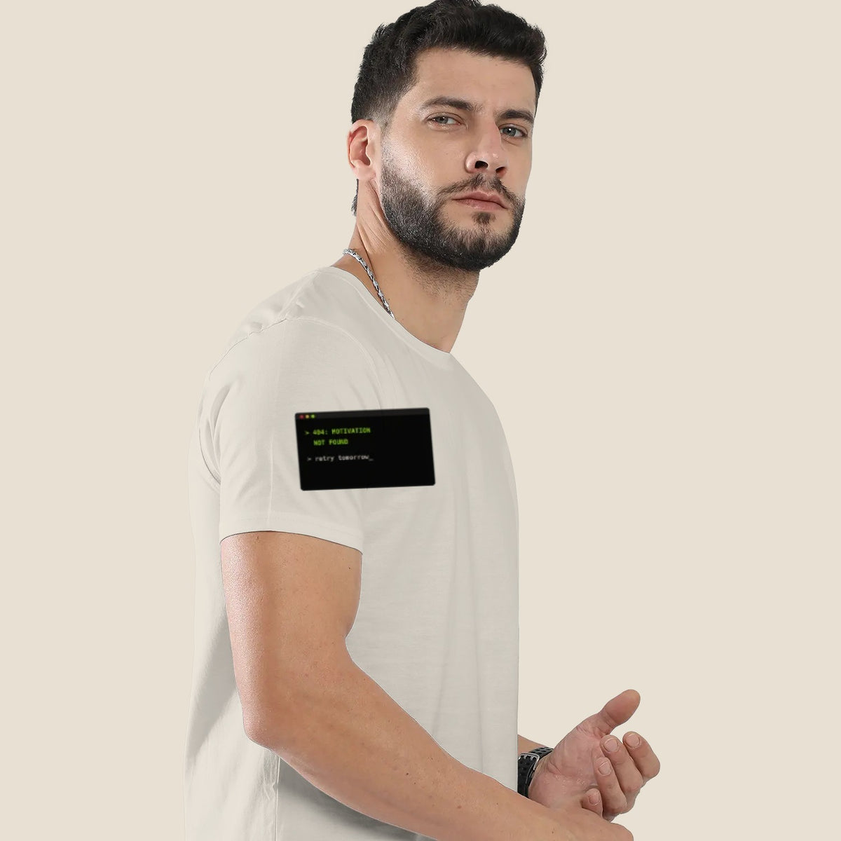 Model wearing 404 Motivation Not Found white classic fit t-shirt