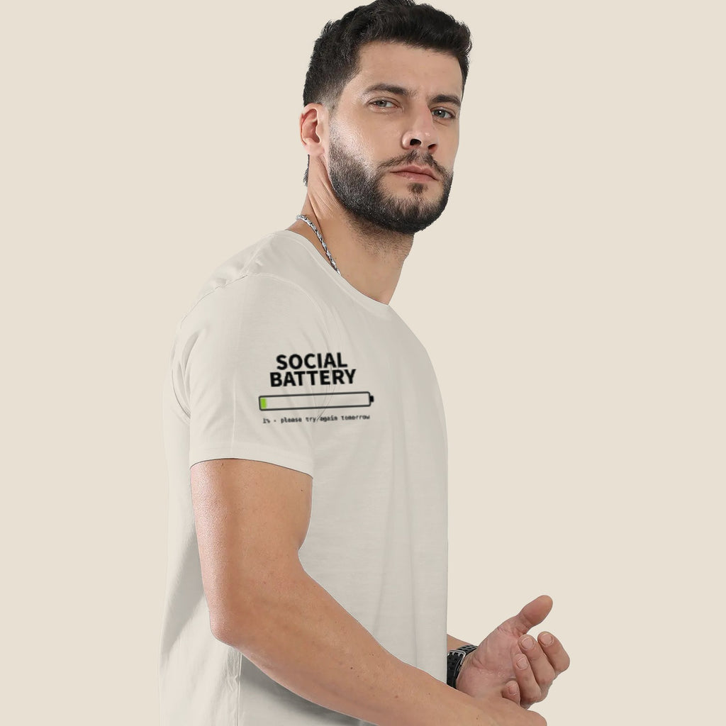 Model wearing Bawla Social Battery 1% white classic fit t-shirt